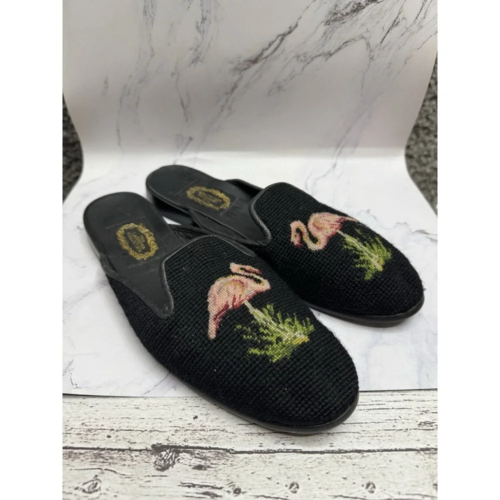 Larkspur Collection Vintage Pink Flamingo in Black Mules Slide Shoes Flats L